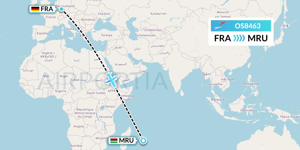OS8463 Austrian Airlines Flight Map: Frankfurt to Port Louis