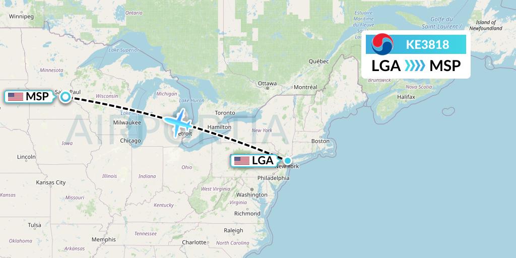 KE3818 Korean Air Flight Map: New York to Minneapolis