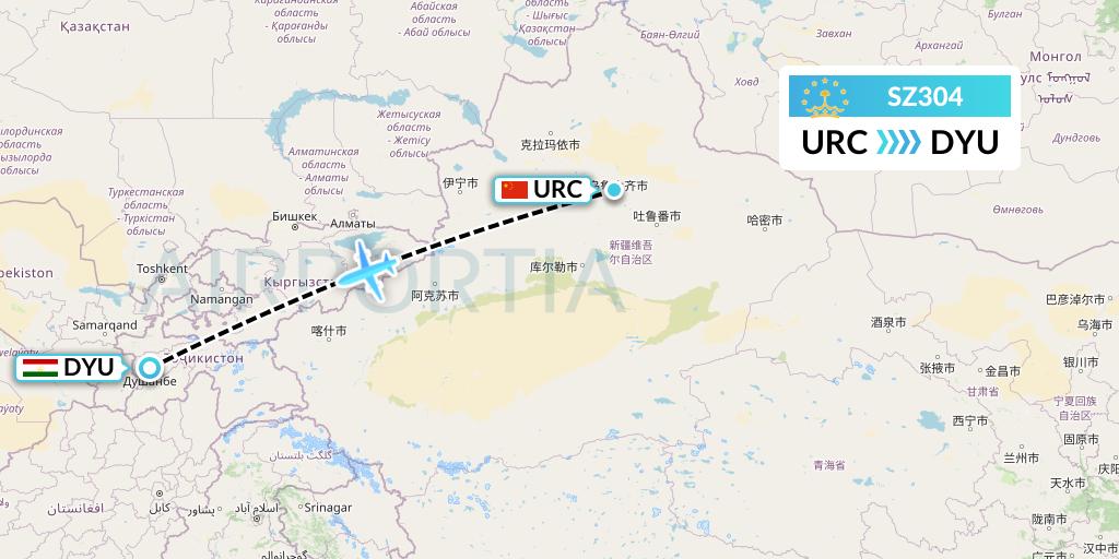 SZ304 Somon Air Flight Map: Urumqi to Dushanbe