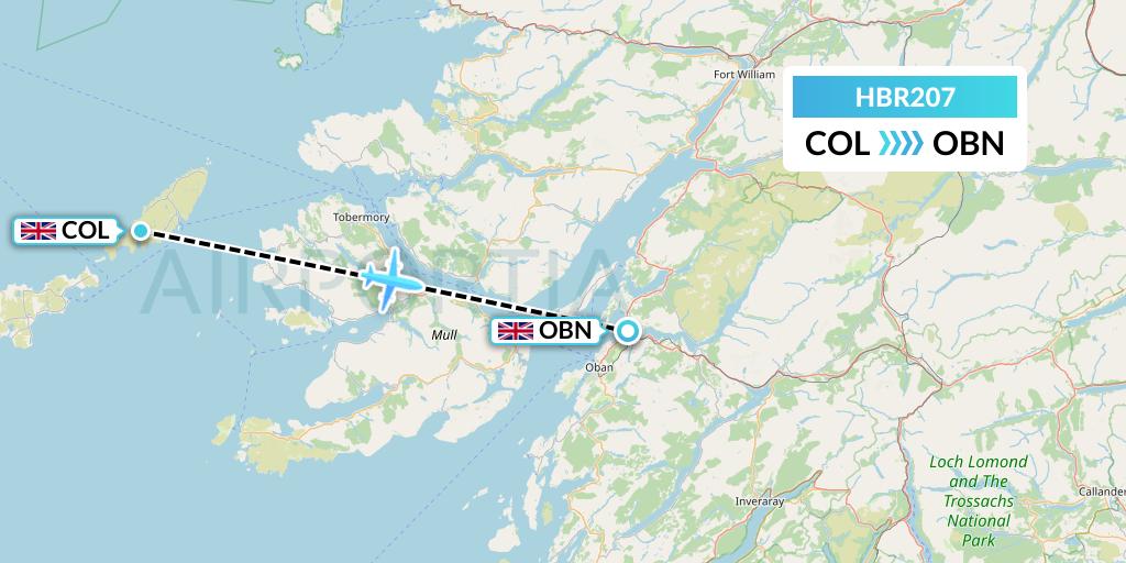 HBR207 Hebridean Air Services Flight Map: Coll Island to North Connel