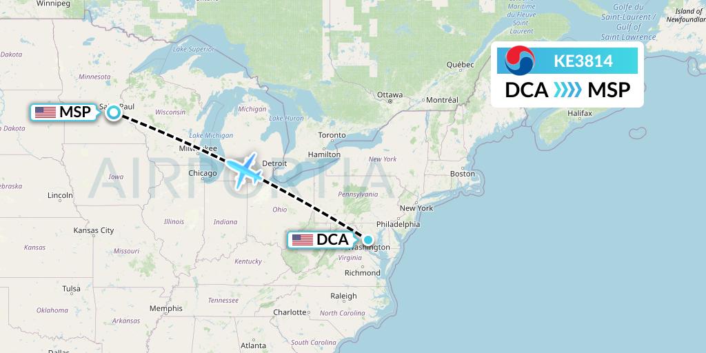 KE3814 Korean Air Flight Map: Washington to Minneapolis