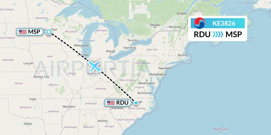 KE3826 Korean Air Flight Map: Raleigh-Durham to Minneapolis