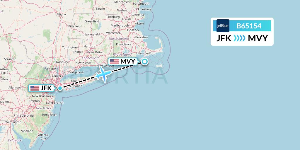 B65154 JetBlue Airways Flight Map: New York to Martha's Vineyard