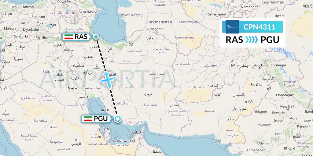 CPN4311 Caspian Airlines Flight Map: Rasht to Assaluyeh