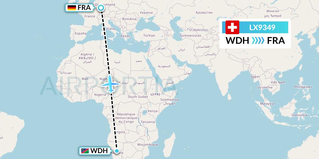 LX9349 Swiss Flight Map: Windhoek to Frankfurt