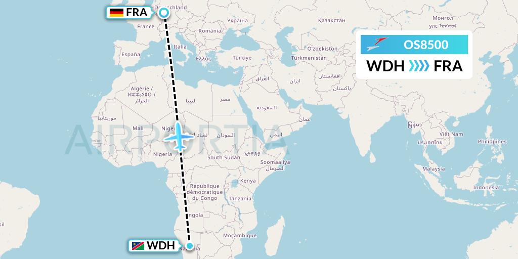 OS8500 Austrian Airlines Flight Map: Windhoek to Frankfurt