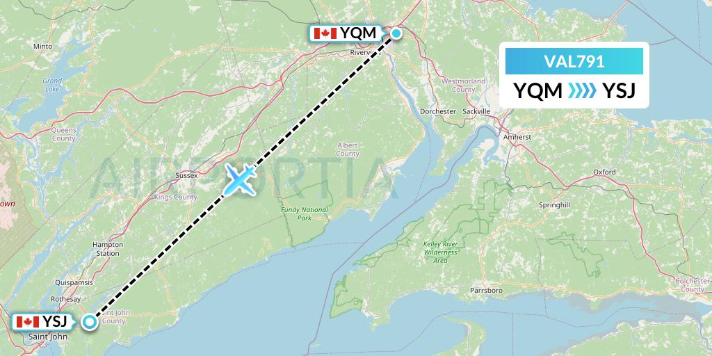 VAL791 Voyageur Airlines Flight Map: Moncton to Saint John