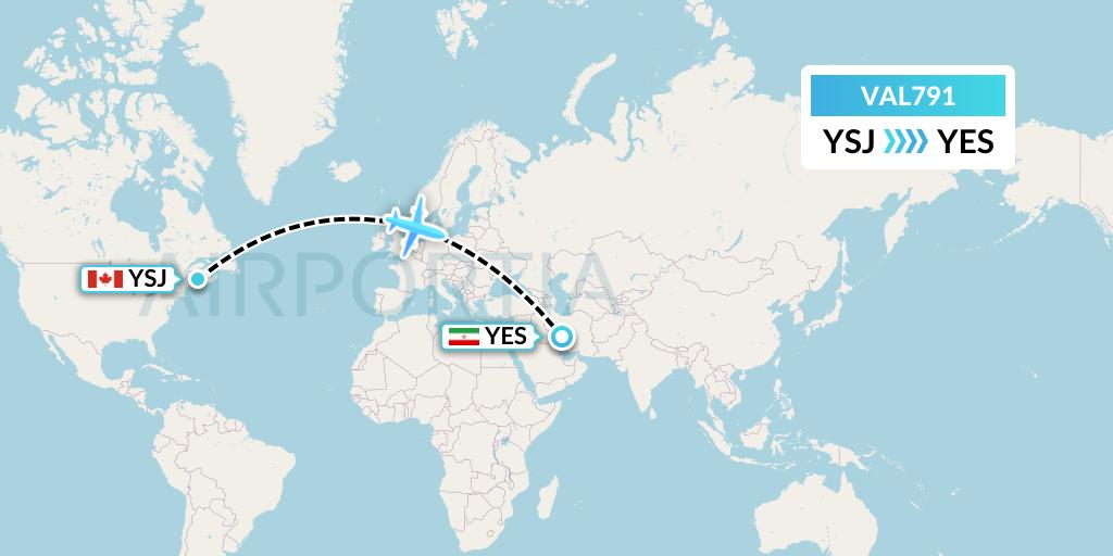 VAL791 Voyageur Airlines Flight Map: Saint John to Yasouj