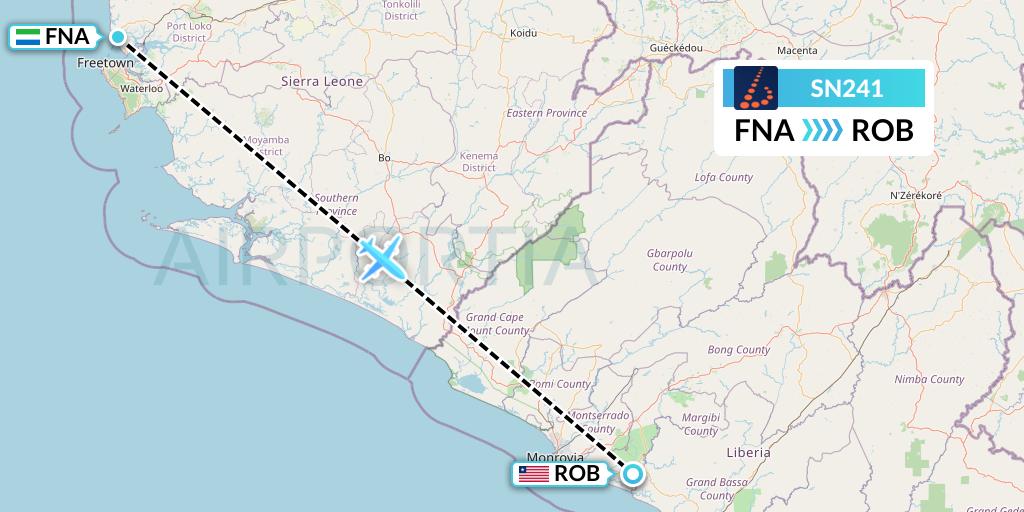 SN241 Brussels Airlines Flight Map: Freetown to Monrovia