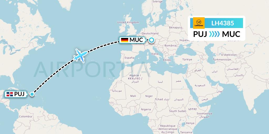 LH4385 Lufthansa Flight Map: Punta Cana to Munich
