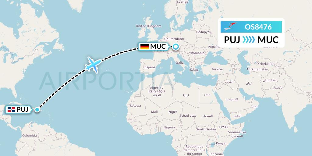 OS8476 Austrian Airlines Flight Map: Punta Cana to Munich