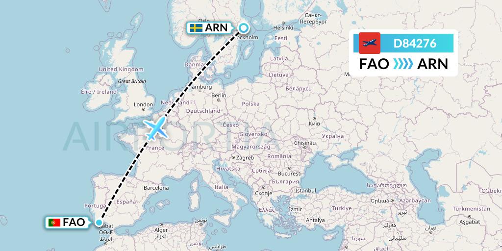 D84276 Norwegian Air International Flight Map: Faro to Stockholm