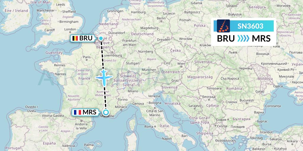 SN3603 Brussels Airlines Flight Map: Brussels to Marseille
