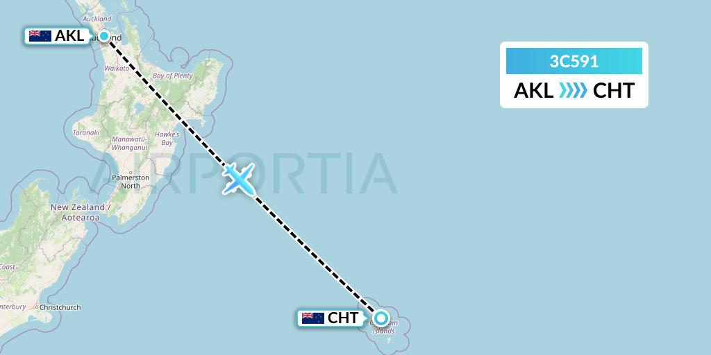 3C591 Air Chathams Flight Map: Auckland to Waitangi