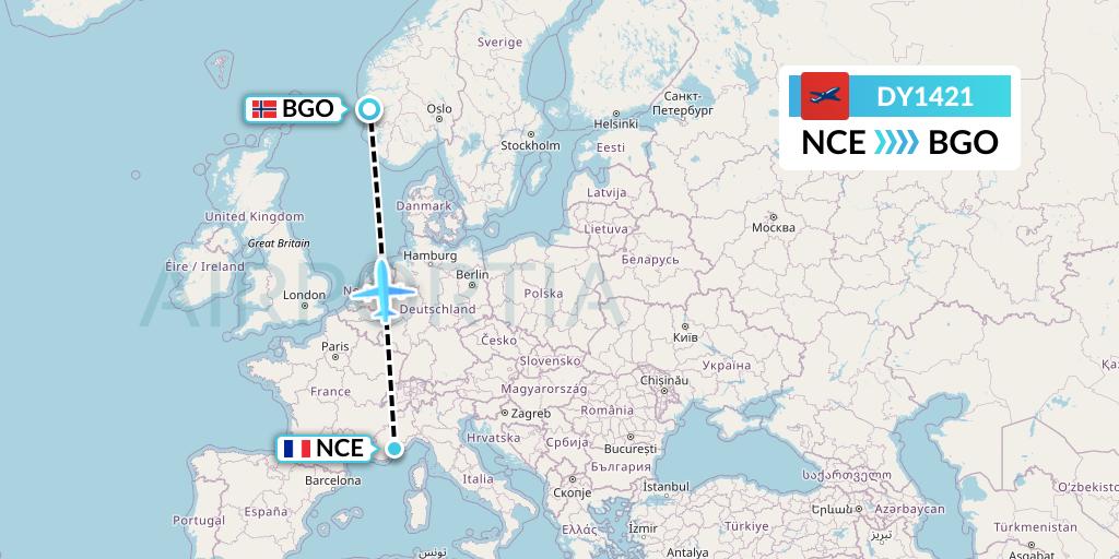 DY1421 Norwegian Flight Map: Nice to Bergen