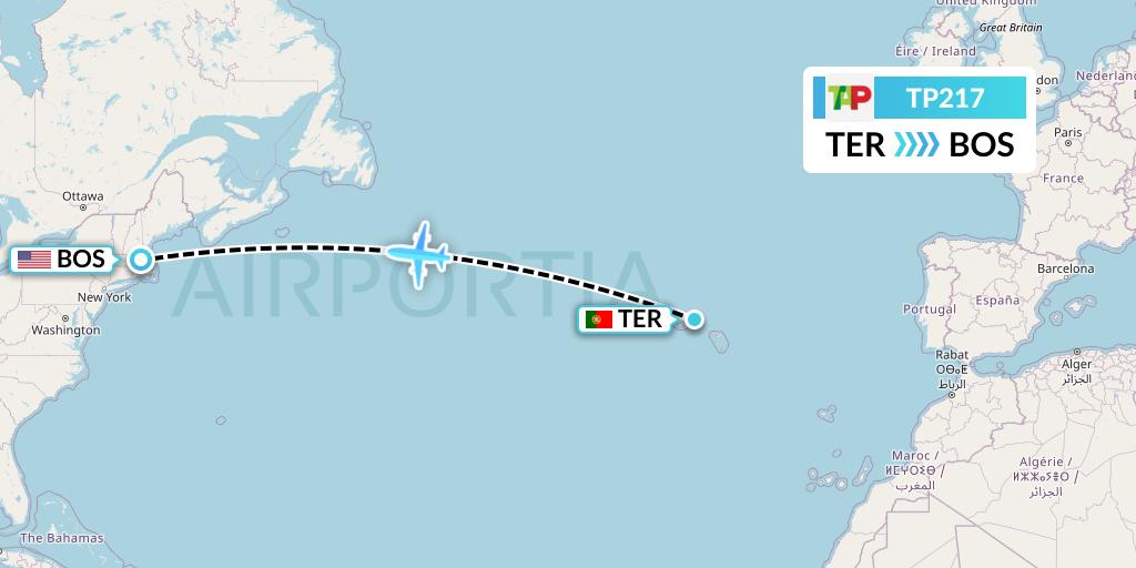 TP217 TAP Portugal Flight Map: Lajes to Boston