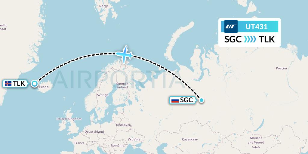 UT431 UTair Flight Map: Surgut to Talknafjordur