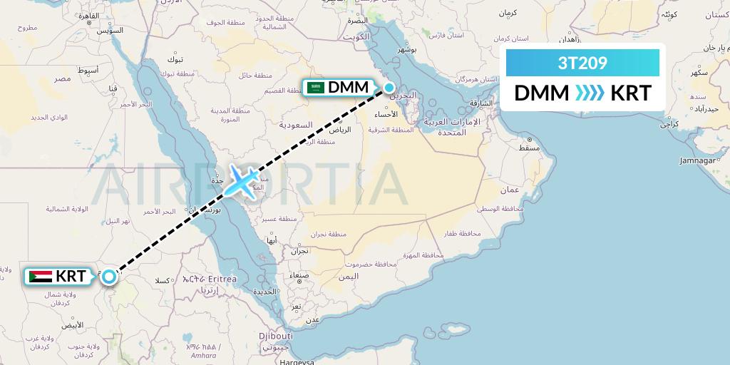 3T209 Tarco Airlines Flight Map: Dammam to Khartoum