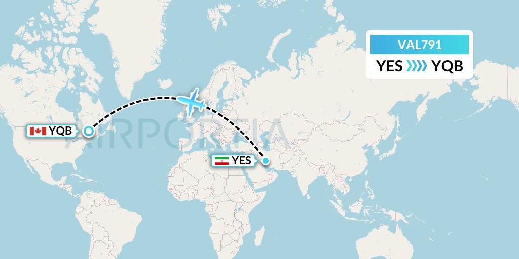 VAL791 Voyageur Airlines Flight Map: Yasouj to Quebec
