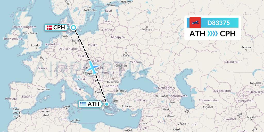 D83375 Norwegian Air International Flight Map: Athens to Copenhagen