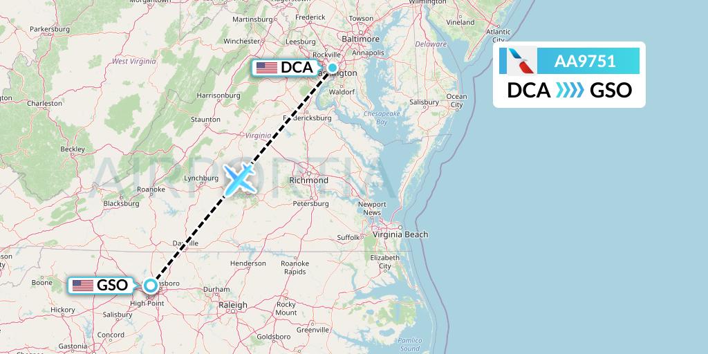 AA9751 American Airlines Flight Map: Washington to Greensboro
