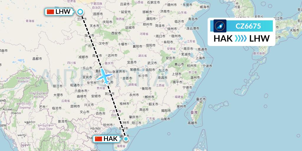 CZ6675 China Southern Airlines Flight Map: Haikou to Lanzhou