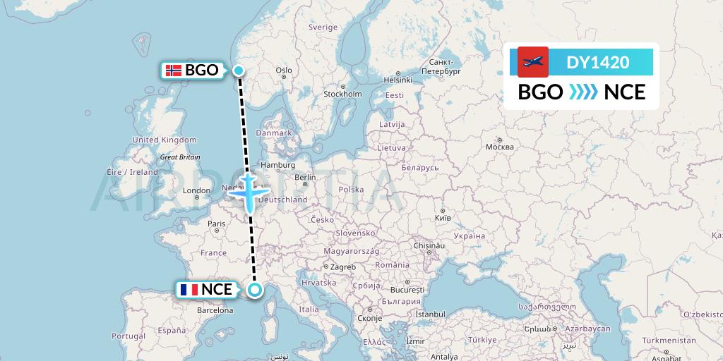 DY1420 Norwegian Flight Map: Bergen to Nice