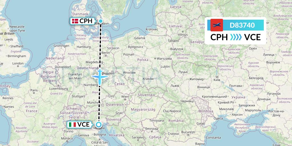 D83740 Norwegian Air International Flight Map: Copenhagen to Venice