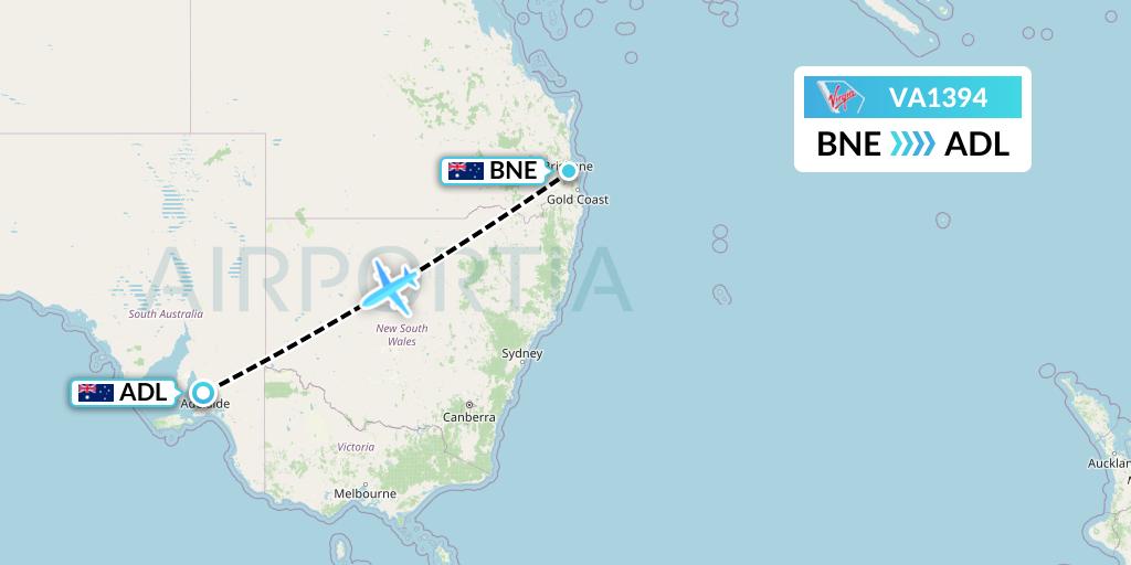 VA1394 Virgin Australia Flight Map: Brisbane to Adelaide