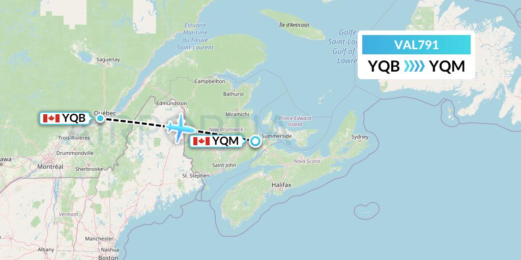 VAL791 Voyageur Airlines Flight Map: Quebec to Moncton