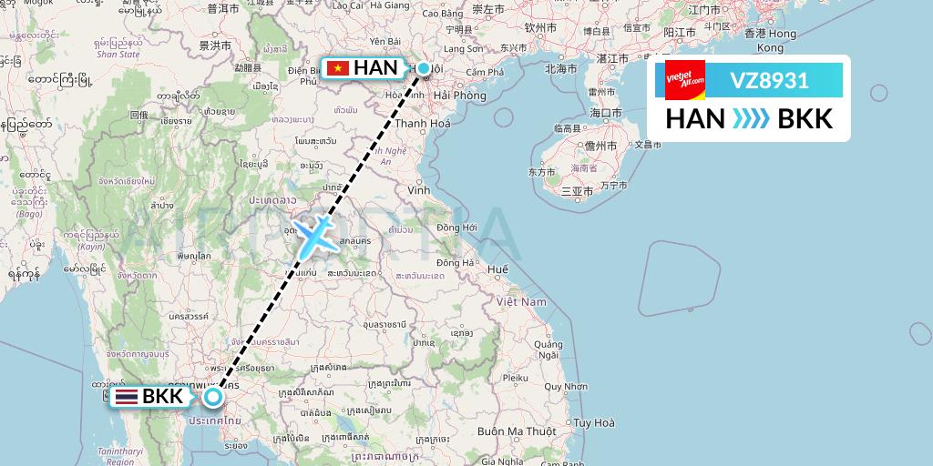 VZ8931 Thai Vietjet Air Flight Map: Hanoi to Bangkok