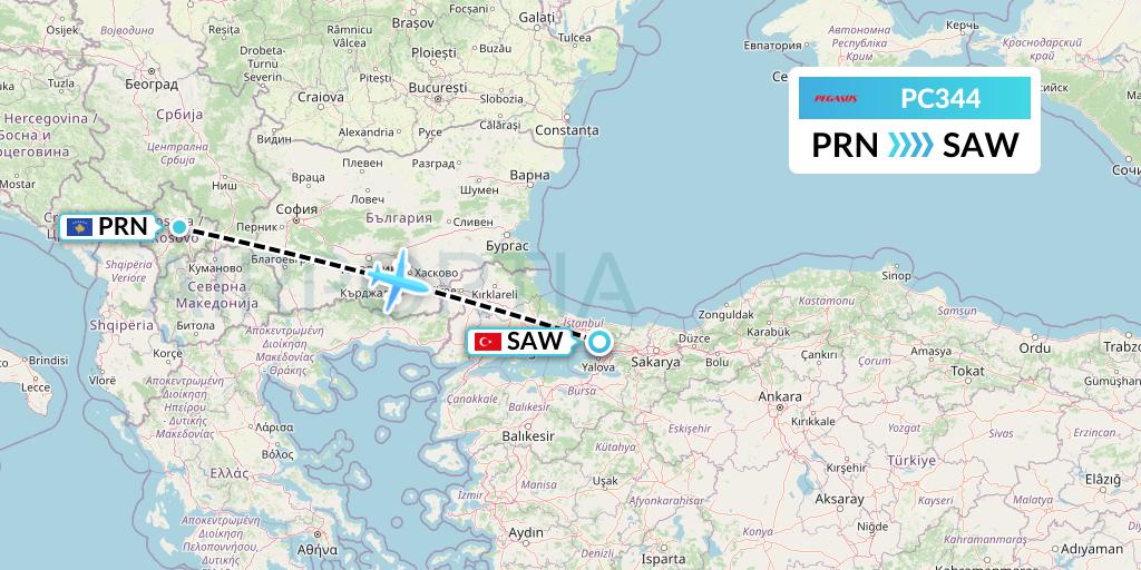 PC344 Pegasus Airlines Flight Map: Pristina to Istanbul