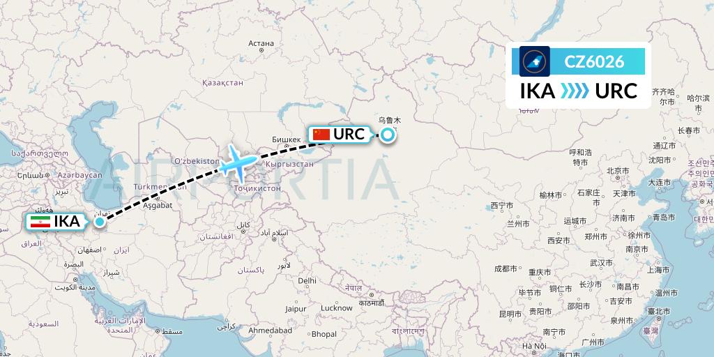 CZ6026 China Southern Airlines Flight Map: Tehran to Urumqi