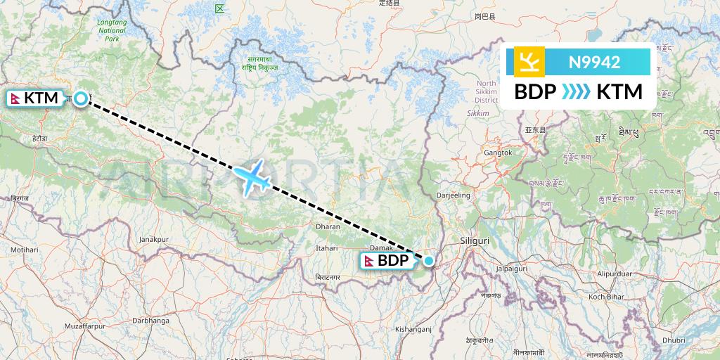 N9942 Shree Airlines Flight Map: Bhadrapur to Kathmandu