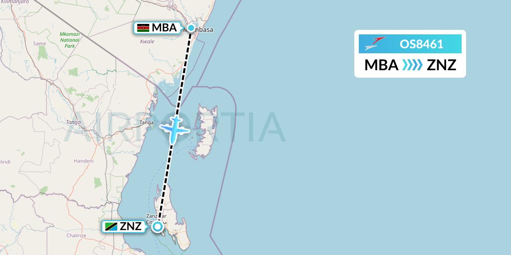 OS8461 Austrian Airlines Flight Map: Mombasa to Zanzibar