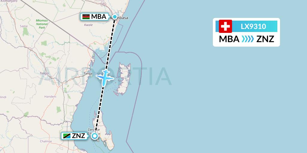 LX9310 Swiss Flight Map: Mombasa to Zanzibar