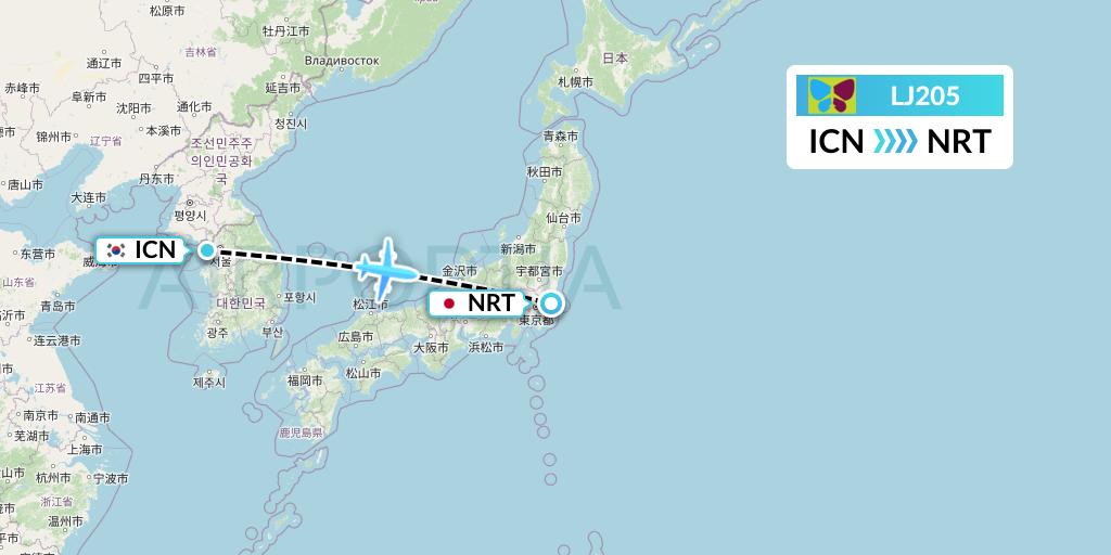 LJ205 Jin Air Flight Map: Seoul to Tokyo