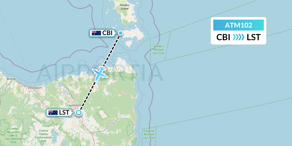 ATM102 Airlines of Tasmania Flight Map: Australia to Launceston