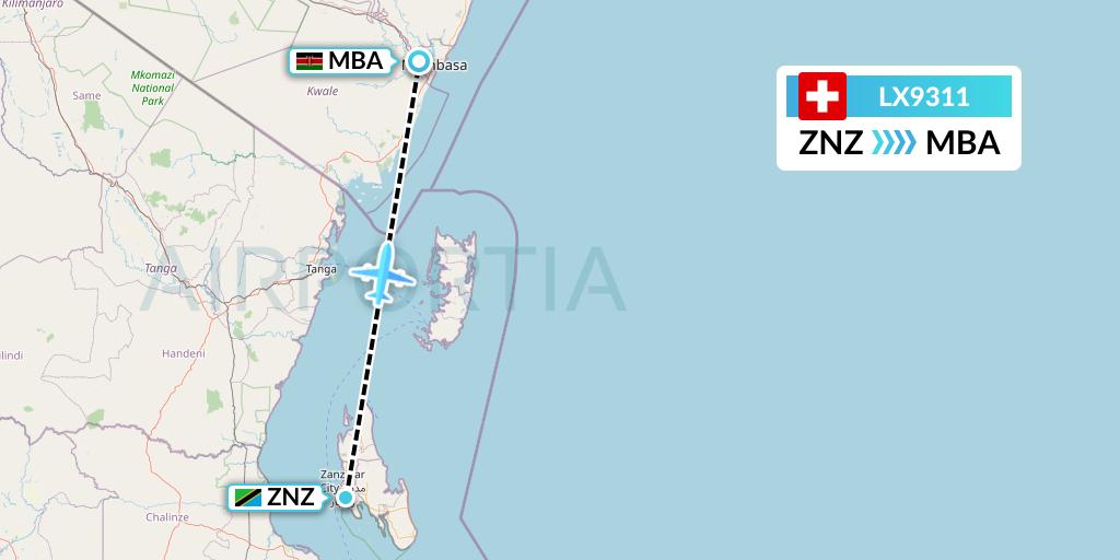 LX9311 Swiss Flight Map: Zanzibar to Mombasa