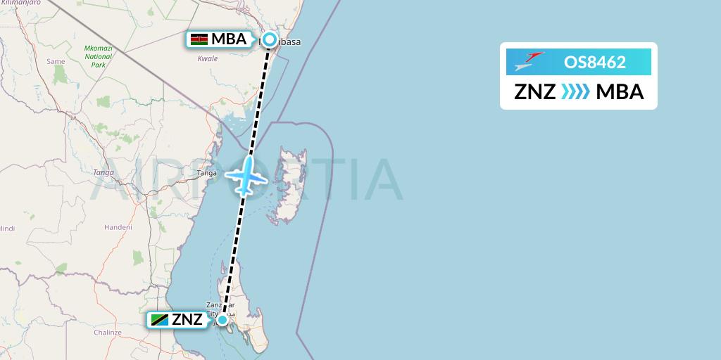 OS8462 Austrian Airlines Flight Map: Zanzibar to Mombasa