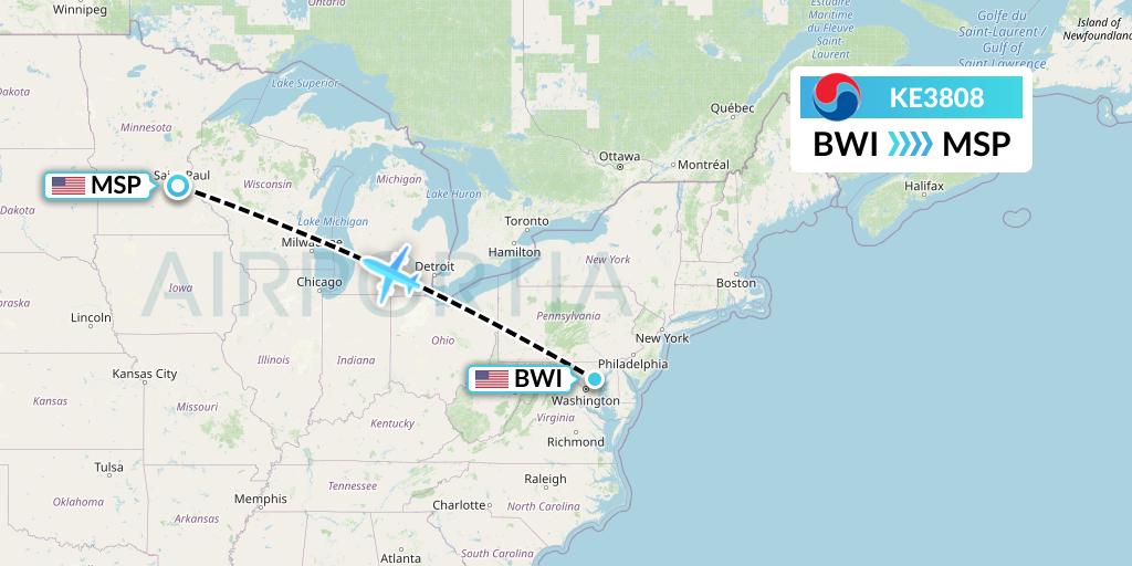KE3808 Korean Air Flight Map: Baltimore to Minneapolis