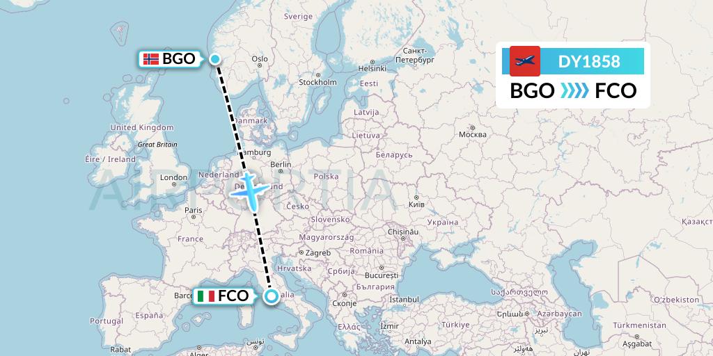 DY1858 Norwegian Flight Map: Bergen to Rome