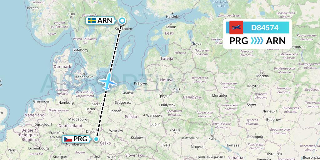 D84574 Norwegian Air International Flight Map: Prague to Stockholm