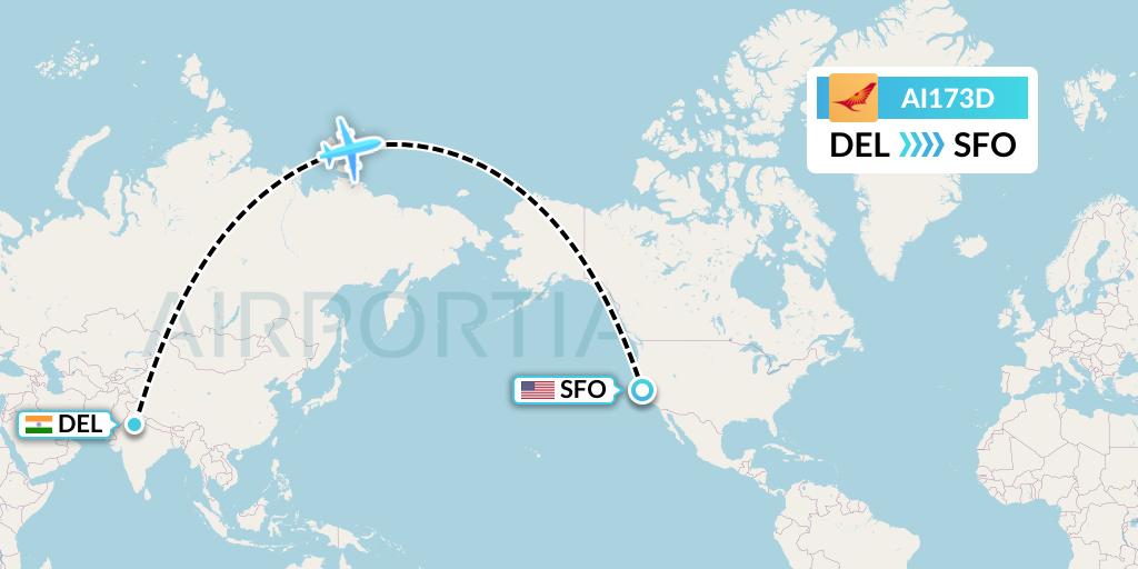 AI173D Air India Flight Map: Delhi to San Francisco