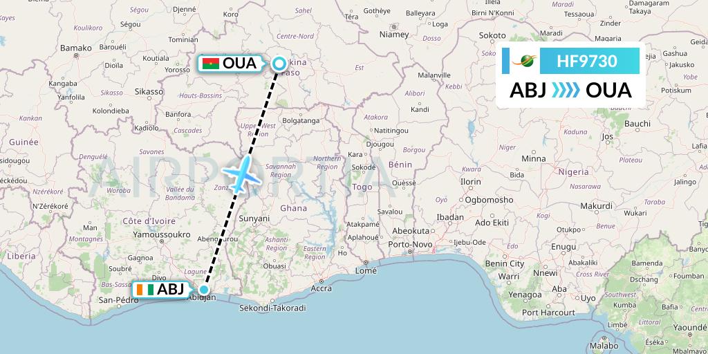 HF9730 Air Cote d'Ivoire Flight Map: Abidjan to Ouagadougou