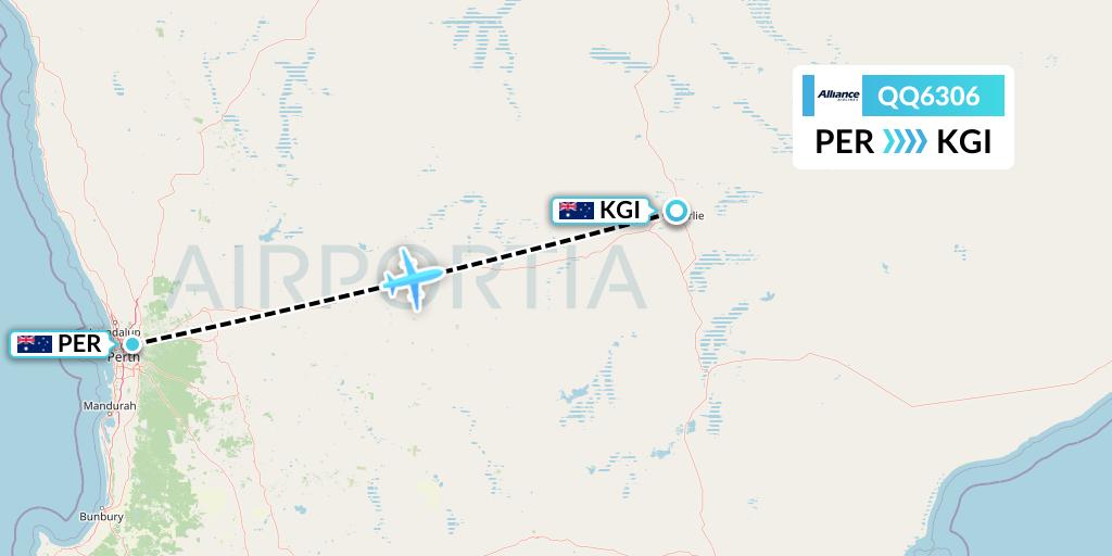 QQ6306 Alliance Airlines Flight Map: Perth to Kalgoorlie