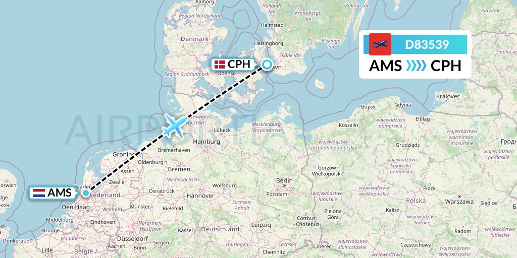 D83539 Norwegian Air International Flight Map: Amsterdam to Copenhagen