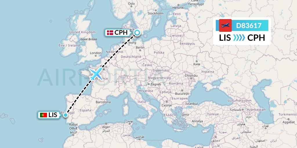 D83617 Norwegian Air International Flight Map: Lisbon to Copenhagen