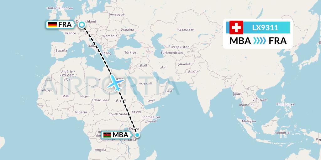 LX9311 Swiss Flight Map: Mombasa to Frankfurt