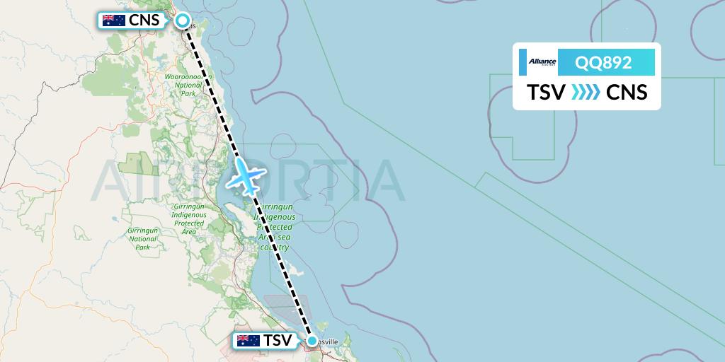 QQ892 Alliance Airlines Flight Map: Townsville to Cairns